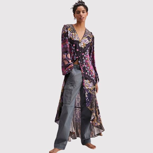 Free People Womens Dress Purple Marais High Low Floral V Neck Flowy Boho Small - Picture 1 of 11